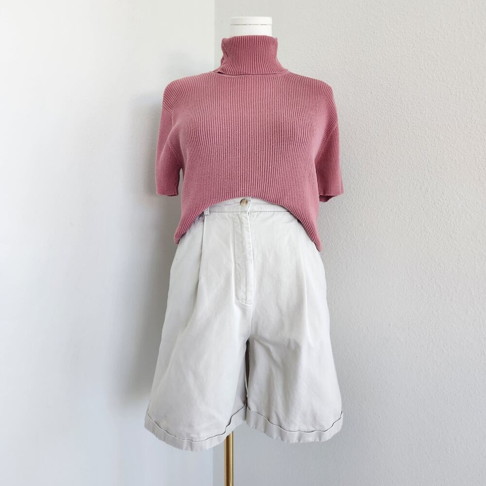 Vintage 90s Gap Mauve Pink Ribbed Knit Turtleneck Top Short Sleeve Stretchy M L